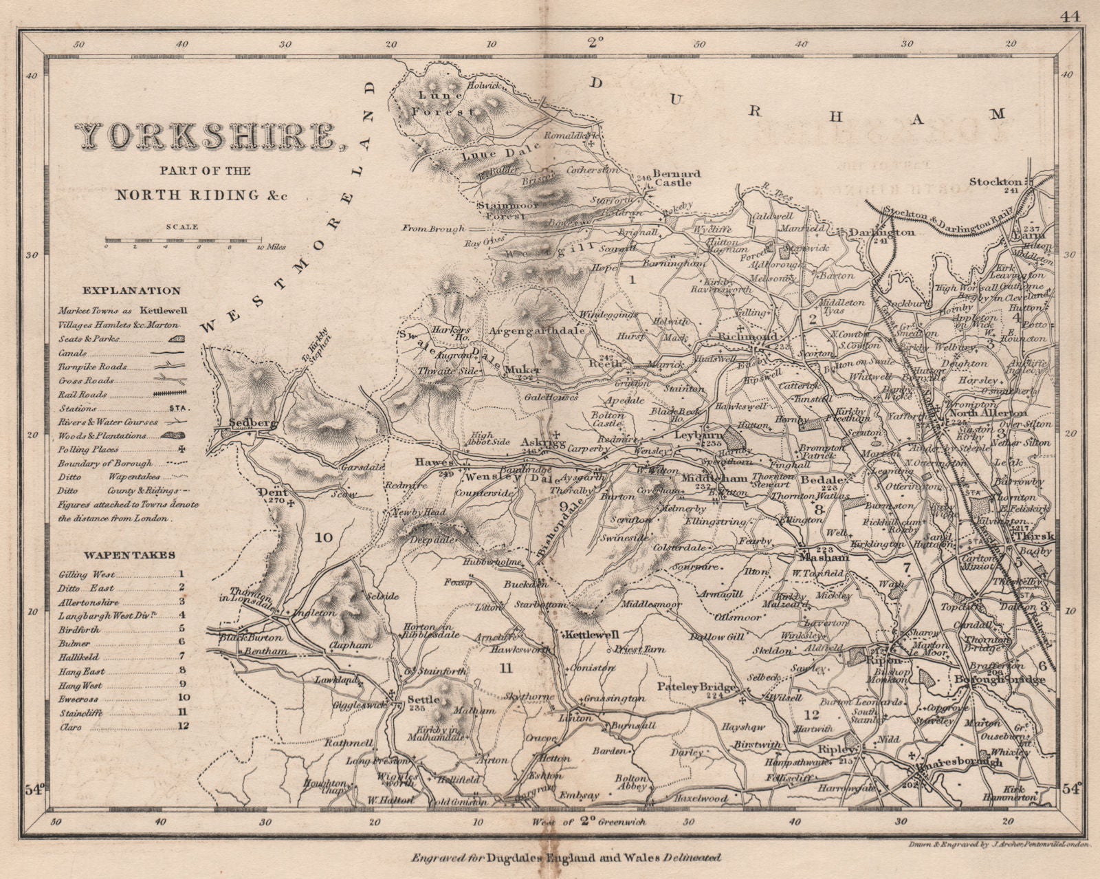 YORKSHIRE, NORTH WEST county map showing wapentakes by DUGDALE/ARCHER 1845